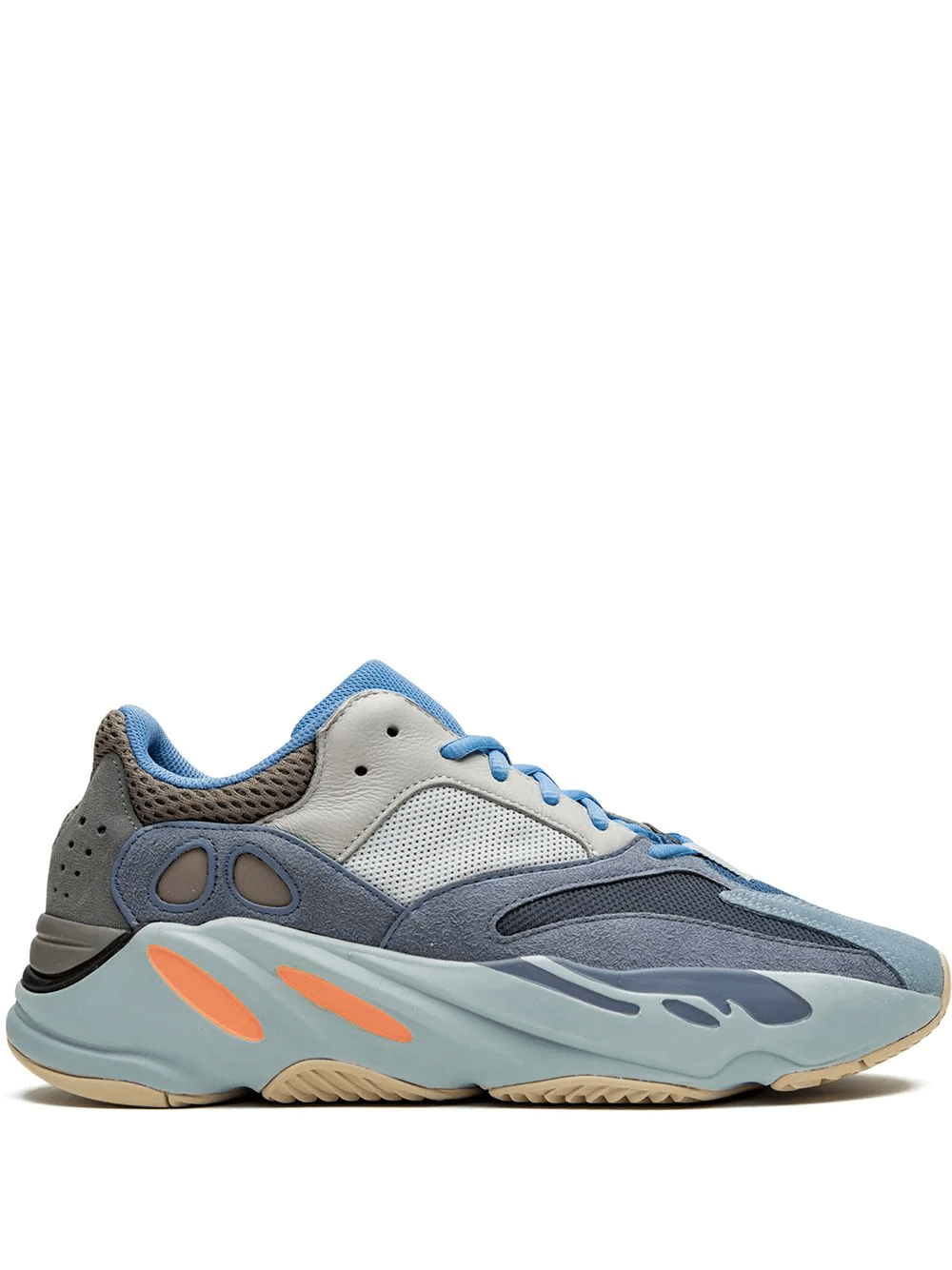 Adidas Yeezy Boost 700 Carbon Blue replica sneakers featuring a stylish design with a mix of blue, grey, and black tones, showcasing the signature chunky silhouette and comfortable Boost cushioning.
