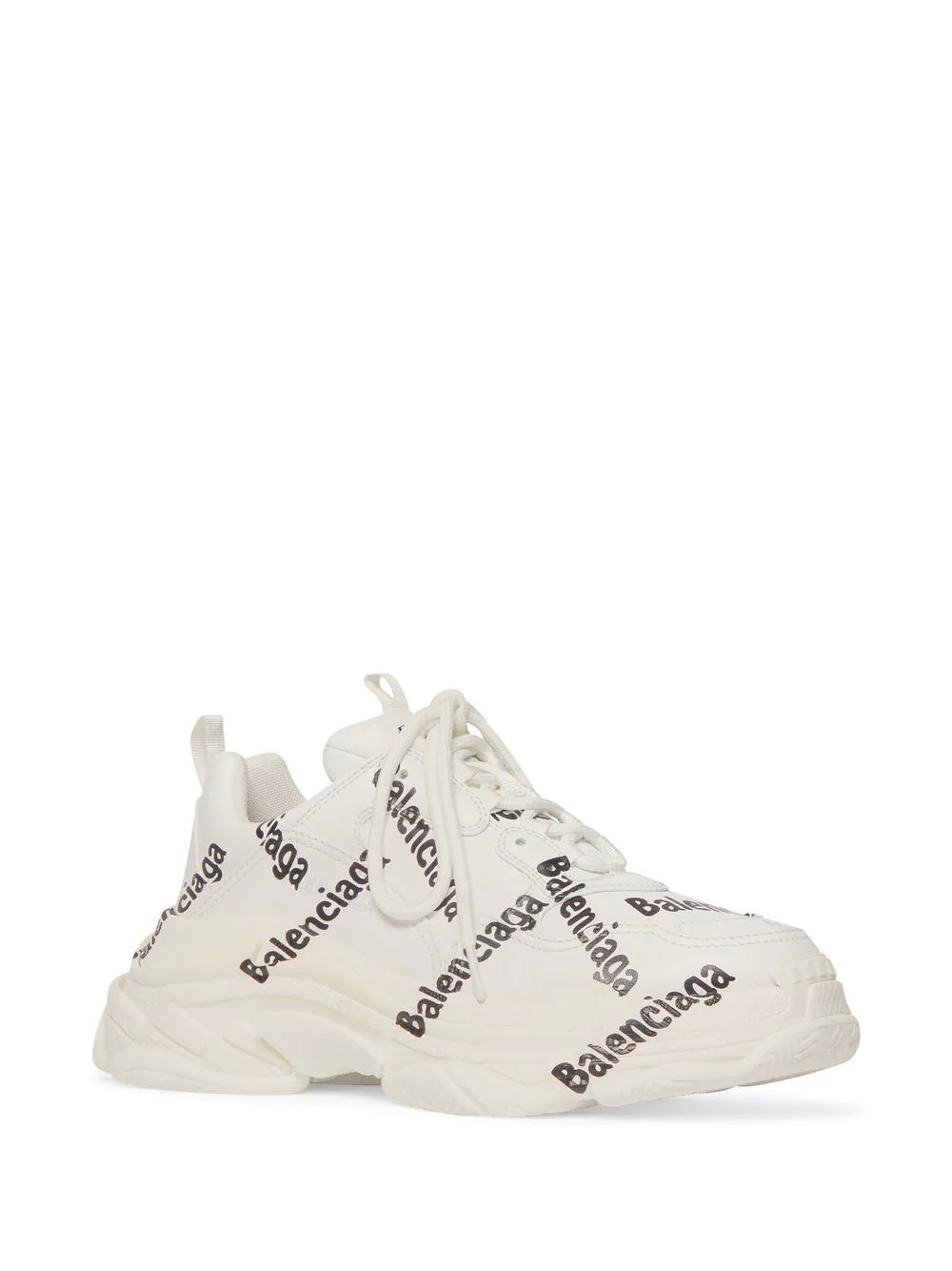 SEO Alt Text: "Balenciaga Triple S Logo Print Sneakers displayed as high-quality replica sneakers, featuring a unique design with bold branding and a layered sole, perfect for stylish casual wear."