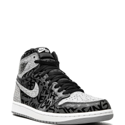 High-quality replica sneakers featuring the Jordan Air Jordan 1 High OG Rebellionaire design, showcasing a sleek black and grey colorway with iconic branding and a stylish silhouette.