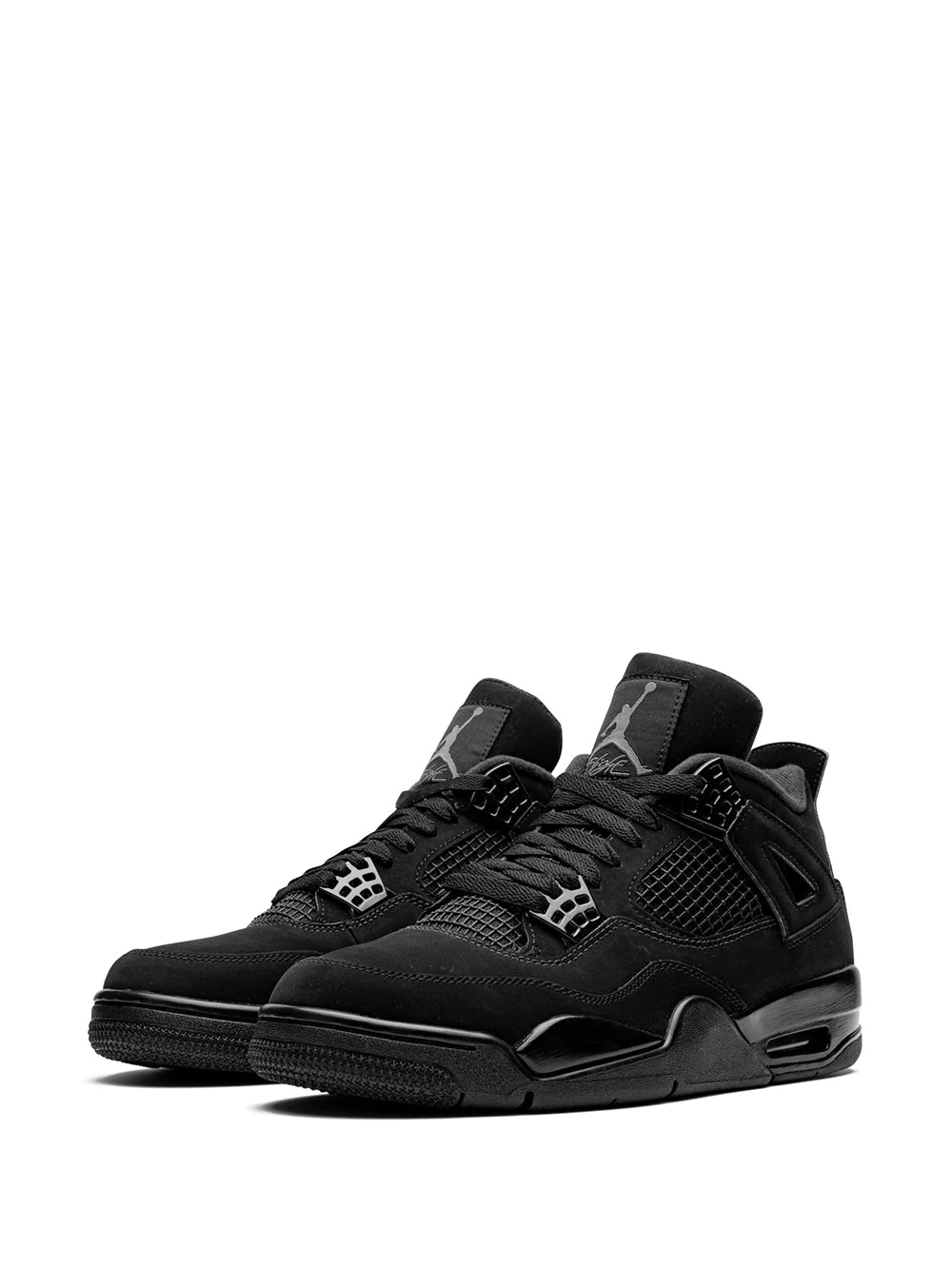 High-quality replica sneakers featuring the Air Jordan 4 Retro Black Cat design, showcasing a sleek all-black upper with premium materials and signature branding, perfect for sneaker enthusiasts and collectors looking for stylish shoes.