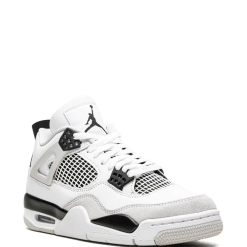 High-quality replica sneakers in the style of Nike Air Jordan 4 Retro, showcasing a sleek black and white design with iconic accents, perfect for sneaker enthusiasts and fashion lovers.