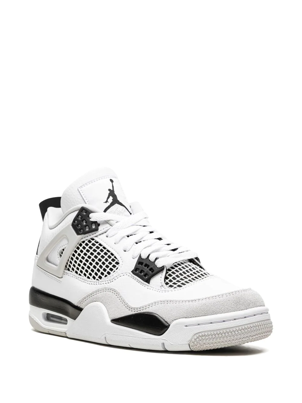 High-quality replica sneakers in the style of Nike Air Jordan 4 Retro, showcasing a sleek black and white design with iconic accents, perfect for sneaker enthusiasts and fashion lovers.