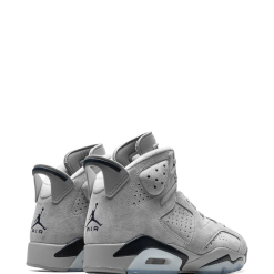 Close-up of Nike Air Jordan 6 Georgetown Lace Up Sneakers featuring a stylish gray and dark blue colorway, perfect for casual wear and athletic activities.