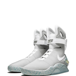 High-quality replica Nike Air Mag sneakers featuring a futuristic design with LED lights and a gray and white color scheme, perfect for sneaker enthusiasts and collectors looking for stylish shoes.