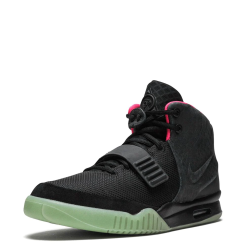 High-quality replica sneakers featuring the Nike Air Yeezy 2 NRG, showcasing its distinctive design with a sleek black upper, vibrant solar red accents, and textured detailing, perfect for sneaker enthusiasts looking for stylish shoes.