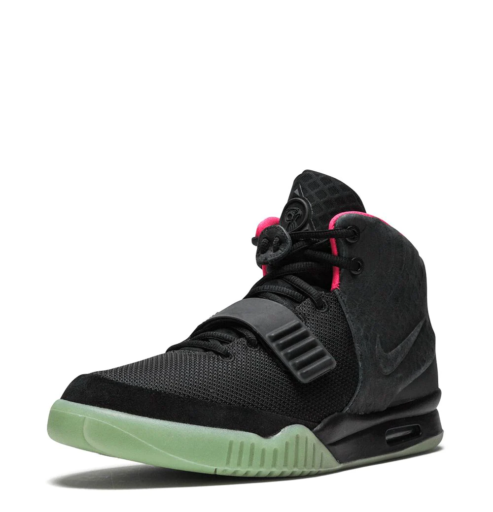 High-quality replica sneakers featuring the Nike Air Yeezy 2 NRG, showcasing its distinctive design with a sleek black upper, vibrant solar red accents, and textured detailing, perfect for sneaker enthusiasts looking for stylish shoes.