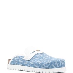 Wholesale Luxury Allover Medusa Denim Mules - Stylish high-quality replica sneakers featuring a unique denim design and iconic Medusa print, perfect for fashion-forward footwear enthusiasts.