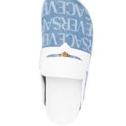 Wholesale Luxury Allover Medusa Denim Mules featuring a stylish denim design and iconic Medusa print, perfect for fashion-forward individuals looking for high-quality replica sneakers. These chic shoes combine comfort and elegance for everyday wear.