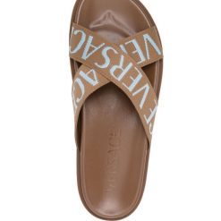 Wholesale Luxury Versace Allover Criss Cross Strap Sandals showcased against a clean background, featuring a stylish criss-cross strap design and high-quality materials, perfect for fashion-forward enthusiasts seeking replica sneakers that exude luxury.
