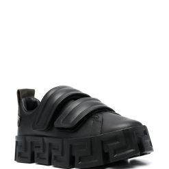 Versace Greca Labyrinth Chunky Leather Sneakers in sleek black leather with bold Greca design detailing, showcasing high-quality craftsmanship, perfect as stylish replica sneakers for fashion-forward enthusiasts.