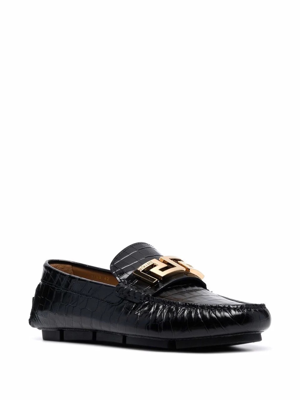 Alt Text: "Versace Greca Plaque Crocodile Effect Loafers, stylish replica sneakers featuring a luxurious crocodile texture and signature Greca plaque, perfect for elevating your shoe collection with high-quality craftsmanship."