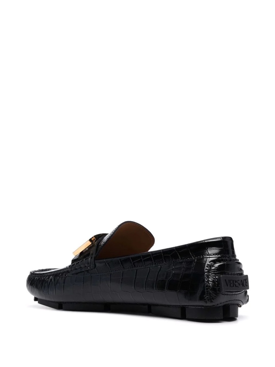 Versace Greca Plaque Crocodile Effect Loafers - high-quality replica sneakers featuring a luxurious crocodile texture and the iconic Versace Greca logo, perfect for stylish casual wear.