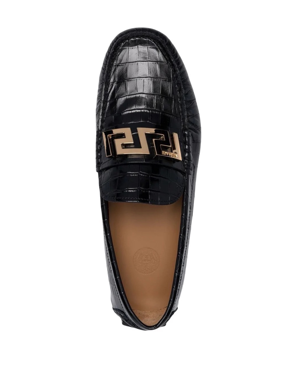 Versace Greca Plaque Crocodile Effect Loafers - Stylish replica sneakers featuring a luxurious crocodile texture and iconic Greca plaque, perfect for elevating any outfit.
