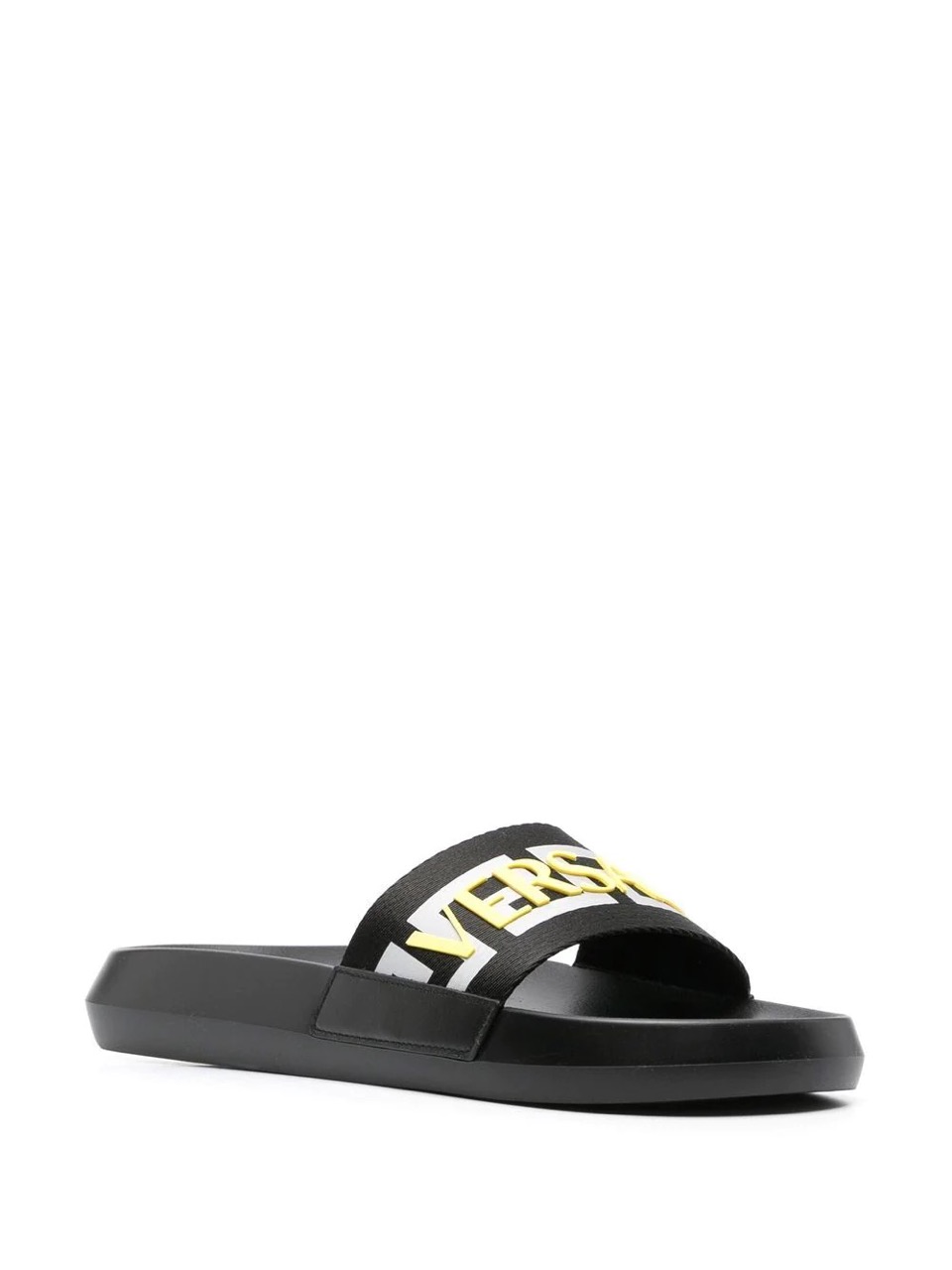Alt Text: "Versace La Greca Raised Logo Slides showcasing the stylish design and luxurious details, perfect for fashion enthusiasts seeking high-quality replica sneakers for a trendy look."