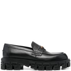 Versace Medusa Head Loafers in sleek black leather, featuring iconic Medusa head emblem, perfect for a stylish look, showcased as high-quality replica sneakers for fashion-forward enthusiasts.