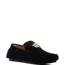 Versace Medusa Head Plaque Loafers in elegant black leather, showcasing a striking gold Medusa head emblem on the front, perfect for those seeking high-quality replica sneakers that combine luxury with style.