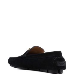 Versace Medusa Head Plaque Loafers in luxurious black leather, featuring a striking gold Medusa emblem, perfect for fashion enthusiasts seeking high-quality replica sneakers or stylish shoes.