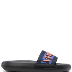 Versace Logo Applique Open Toe Slides - Elegant replica shoes featuring the iconic Versace logo, designed for style and comfort, perfect for casual wear or a chic summer look.