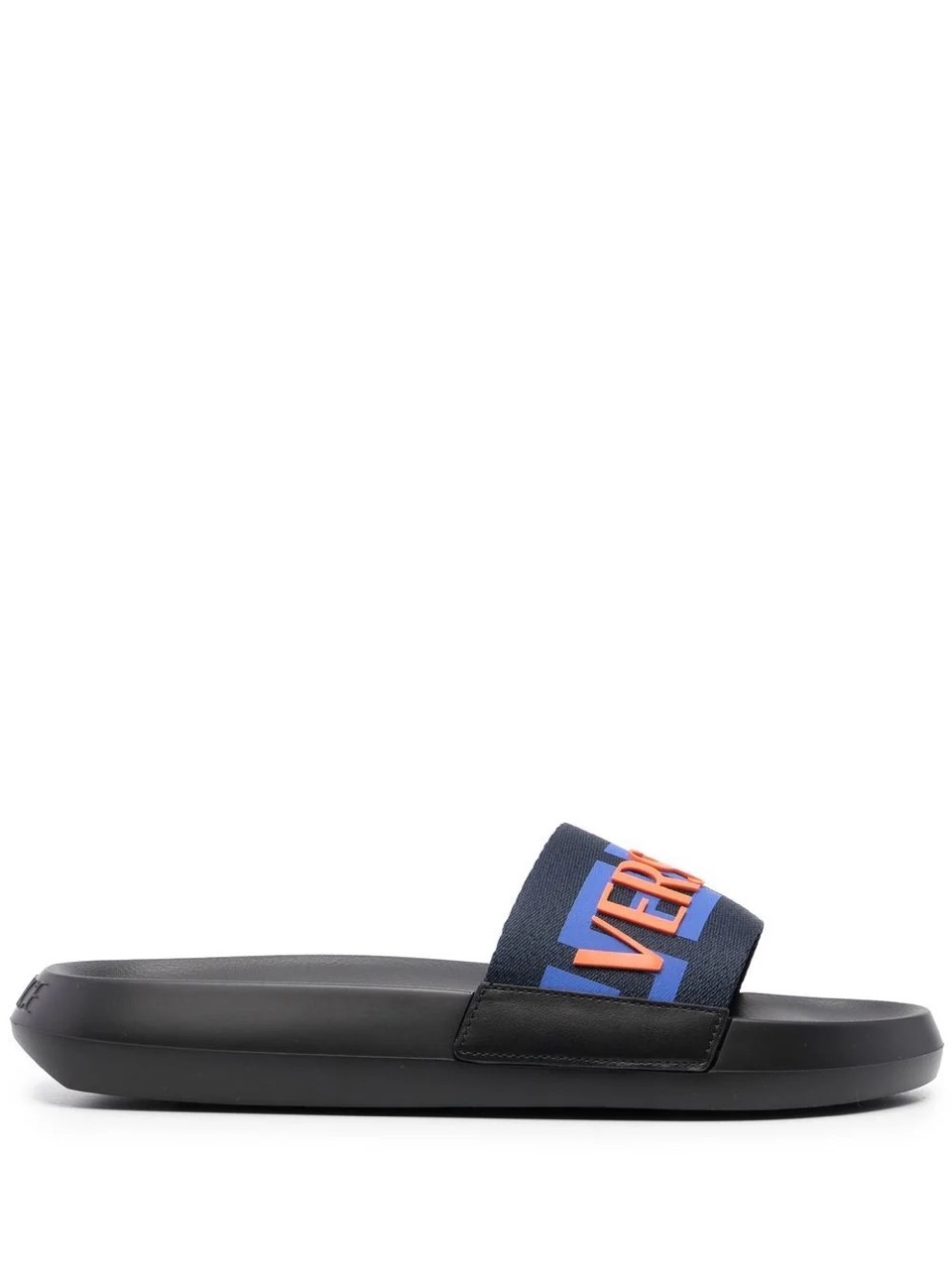 Versace Logo Applique Open Toe Slides - Elegant replica shoes featuring the iconic Versace logo, designed for style and comfort, perfect for casual wear or a chic summer look.