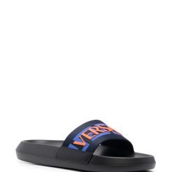 Versace Logo Applique Open Toe Slides - high-quality replica sneakers featuring a stylish open-toe design with the iconic Versace logo applique, perfect for a fashionable and luxurious footwear choice.