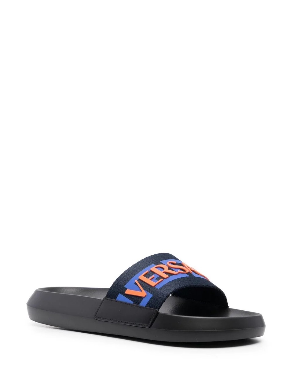 Versace Logo Applique Open Toe Slides - high-quality replica sneakers featuring a stylish open-toe design with the iconic Versace logo applique, perfect for a fashionable and luxurious footwear choice.