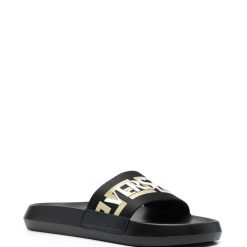 Versace Logo Applique Open Toe Slides - High-quality replica sneakers featuring a stylish logo design and open toe for a chic and comfortable look. Perfect for fashion enthusiasts seeking trendy shoes.