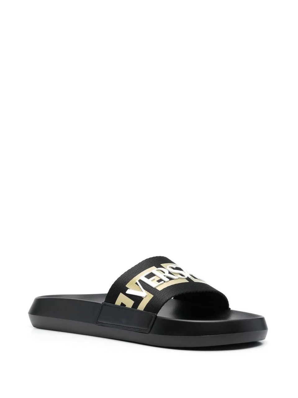 Versace Logo Applique Open Toe Slides - High-quality replica sneakers featuring a stylish logo design and open toe for a chic and comfortable look. Perfect for fashion enthusiasts seeking trendy shoes.