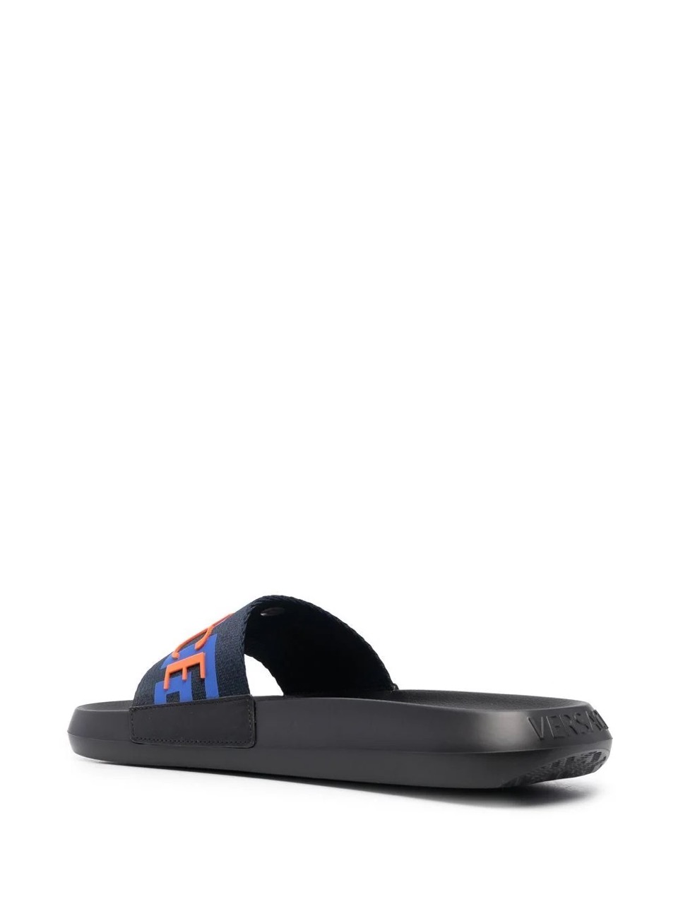 SEO Alt Text: "Versace Logo Applique Open Toe Slides - Stylish replica sneakers featuring a bold Versace logo, crafted for comfort and elegance. Perfect shoes for adding a touch of luxury to your casual outfit."
