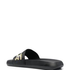 Versace Logo Applique Open Toe Slides in high-quality materials, showcasing an elegant design perfect for casual wear. Ideal for those seeking stylish replica sneakers or fashionable shoes that combine luxury aesthetics with comfort.
