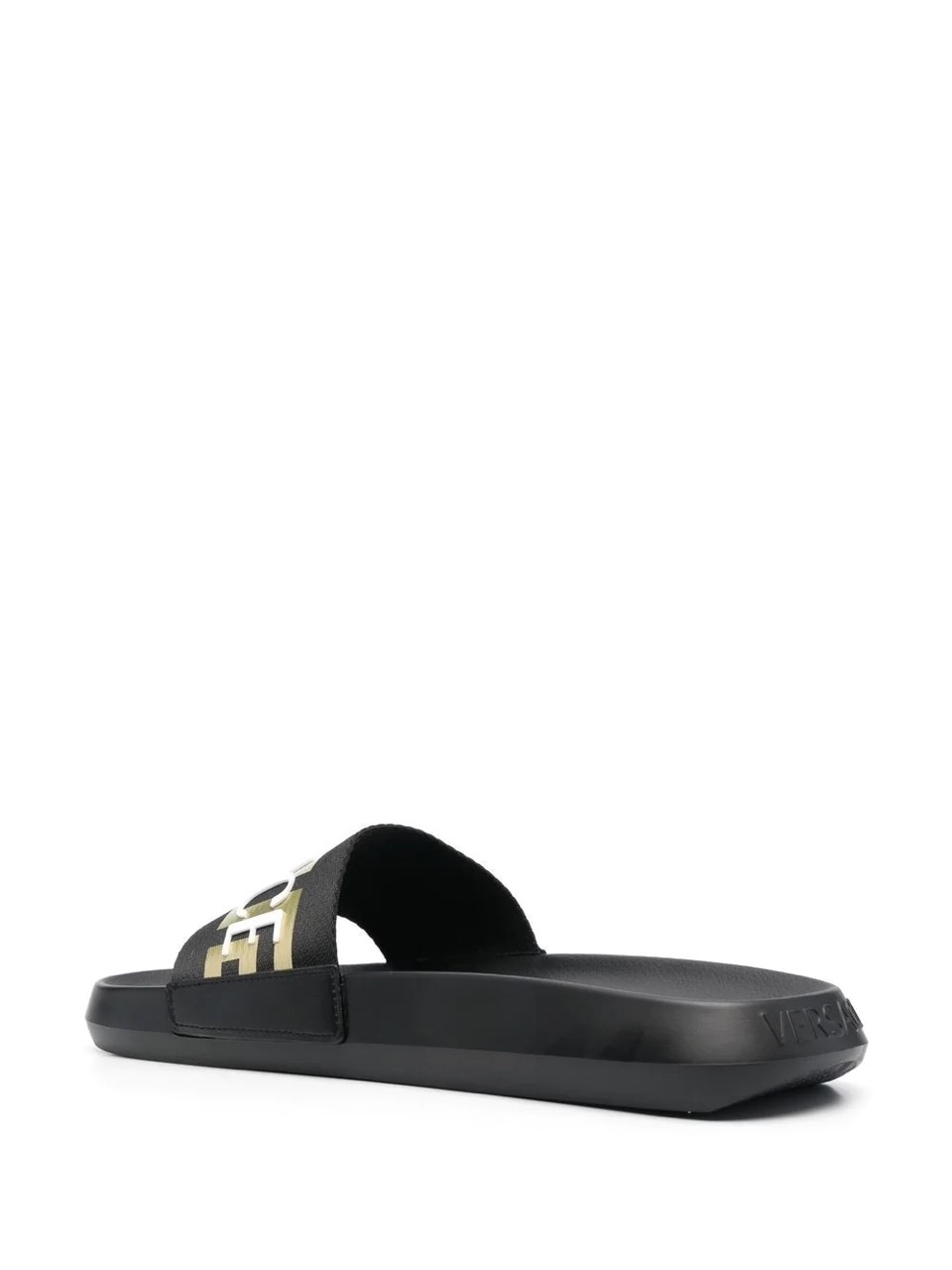 Versace Logo Applique Open Toe Slides in high-quality materials, showcasing an elegant design perfect for casual wear. Ideal for those seeking stylish replica sneakers or fashionable shoes that combine luxury aesthetics with comfort.