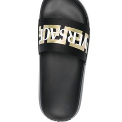 Versace Logo Applique Open Toe Slides - high-quality replica sneakers featuring a stylish open toe design, luxury branding, and premium materials, perfect for elevating any casual outfit.