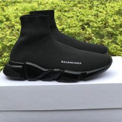 Balenciaga Speed Trainer Black replica sneakers showcasing a sleek design with a knitted upper and stylish silhouette, perfect for casual or athletic wear.