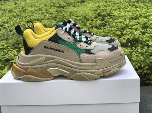 Balenciaga Triple S Yellow Green replica sneakers featuring a vibrant color combination and chunky silhouette, perfect for fashion-forward enthusiasts.