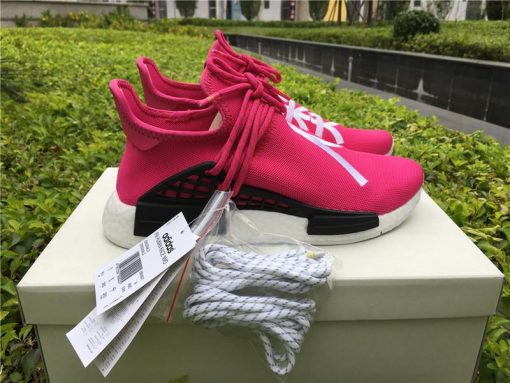 Pharrell x Adidas NMD Human Race Shock Pink replica sneakers showcasing vibrant pink design with bold text and premium craftsmanship, perfect for sneaker enthusiasts and collectors.