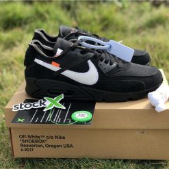 Off White X Nike Air Max 90 Black replica sneakers showcasing their sleek black design, premium materials, and unique branding elements for sneaker enthusiasts.