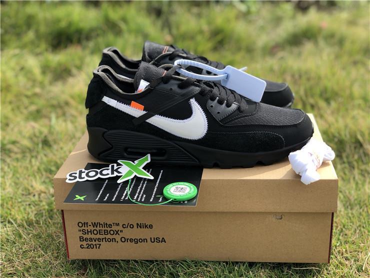 Off White X Nike Air Max 90 Black replica sneakers showcasing their sleek black design, premium materials, and unique branding elements for sneaker enthusiasts.