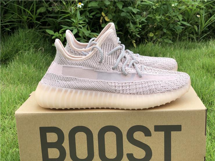 Adidas Yeezy Boost 350 V2 Synth Reflective FV5666 replica sneakers featuring a sleek design with a soft pink and gray upper, translucent stripe, and reflective accents, perfect for sneaker enthusiasts looking for high-quality alternatives.