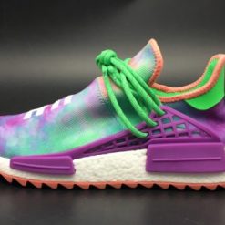 High-quality replica sneakers featuring the Adidas Pharrell X NMD Human Race design, inspired by the vibrant Holi Festival, showcasing a colorful and artistic pattern on a comfortable sneaker silhouette.