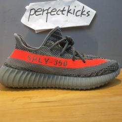 Adidas Yeezy Boost 350 V2 Beluga replica sneakers featuring a sleek grey upper with orange accents, showcasing the distinctive reflective stripe and textured outsole for a stylish and comfortable look.