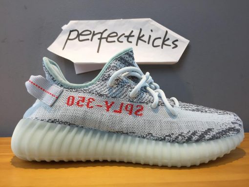 Adidas Yeezy Boost 350 V2 Blue Tint replica sneakers showcasing their distinctive light blue and gray colorway, featuring the iconic stripe and textured knit upper design, perfect for stylish comfort.
