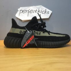 Adidas Yeezy Boost 350 V2 Core Black Green replica sneakers featuring a sleek black upper with green accents, designed for style and comfort.