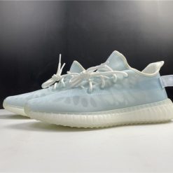 Adidas Yeezy Boost 350 V2 Mono Ice replica sneakers showcasing a sleek icy blue colorway with distinctive lateral stripes and a comfortable, snug fit, perfect for sneaker enthusiasts seeking high-quality replicas.