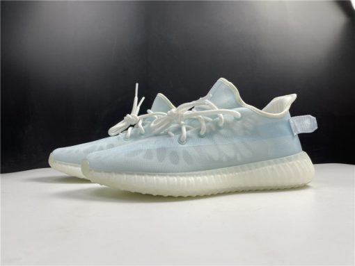 Adidas Yeezy Boost 350 V2 Mono Ice replica sneakers featuring a light blue Primeknit upper, translucent midsole, and signature side stripe, perfect for style-savvy sneaker enthusiasts.