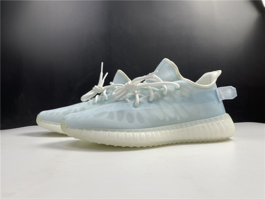 Adidas Yeezy Boost 350 V2 Mono Ice replica sneakers showcasing a sleek icy blue colorway with distinctive lateral stripes and a comfortable, snug fit, perfect for sneaker enthusiasts seeking high-quality replicas.