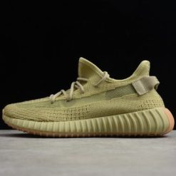 Adidas Yeezy Boost 350 V2 Sulfur replica sneakers featuring a vibrant yellow and brown colorway, highlighted with a distinctive stripe and sleek silhouette, perfect for streetwear enthusiasts.
