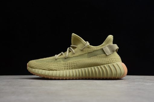 Adidas Yeezy Boost 350 V2 Sulfur replica sneakers featuring a vibrant yellow and brown colorway, highlighted with a distinctive stripe and sleek silhouette, perfect for streetwear enthusiasts.