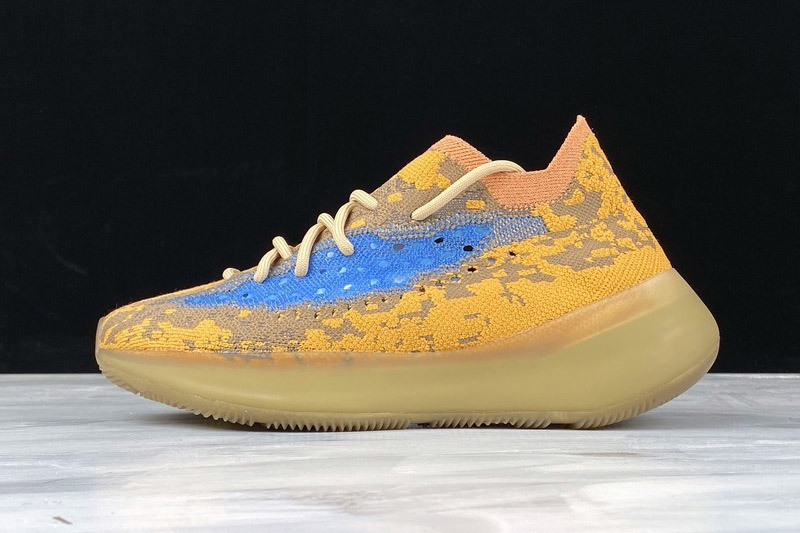 Adidas Yeezy Boost 380 Blue Oat Non Reflective Q47306 replica sneakers showcasing a vibrant blue and orange colorway, designed for comfort and style, ideal for sneaker enthusiasts seeking high-quality replicas.
