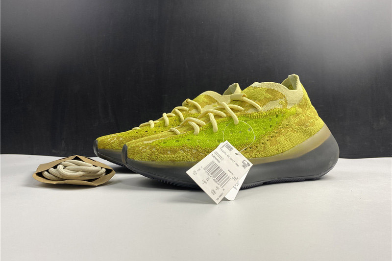 Adidas Yeezy Boost 380 Hylte Glow FZ4990 replica sneakers featuring a vibrant yellow-green colorway, a unique textured upper, and signature Boost soles for enhanced comfort and style.