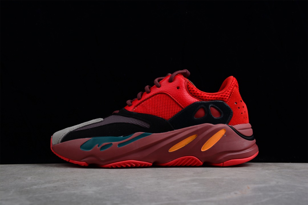 Adidas Yeezy Boost 700 Hi Res Red replica sneakers featuring a vibrant red upper with black and grey accents, designed for style and comfort, perfect for sneaker enthusiasts and collectors.