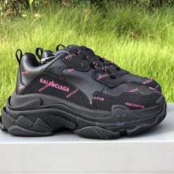 Balenciaga Allover Logo Triple S Black Pink replica sneakers featuring a stylish design with bold branding, available for sneaker enthusiasts seeking high-quality replicas.